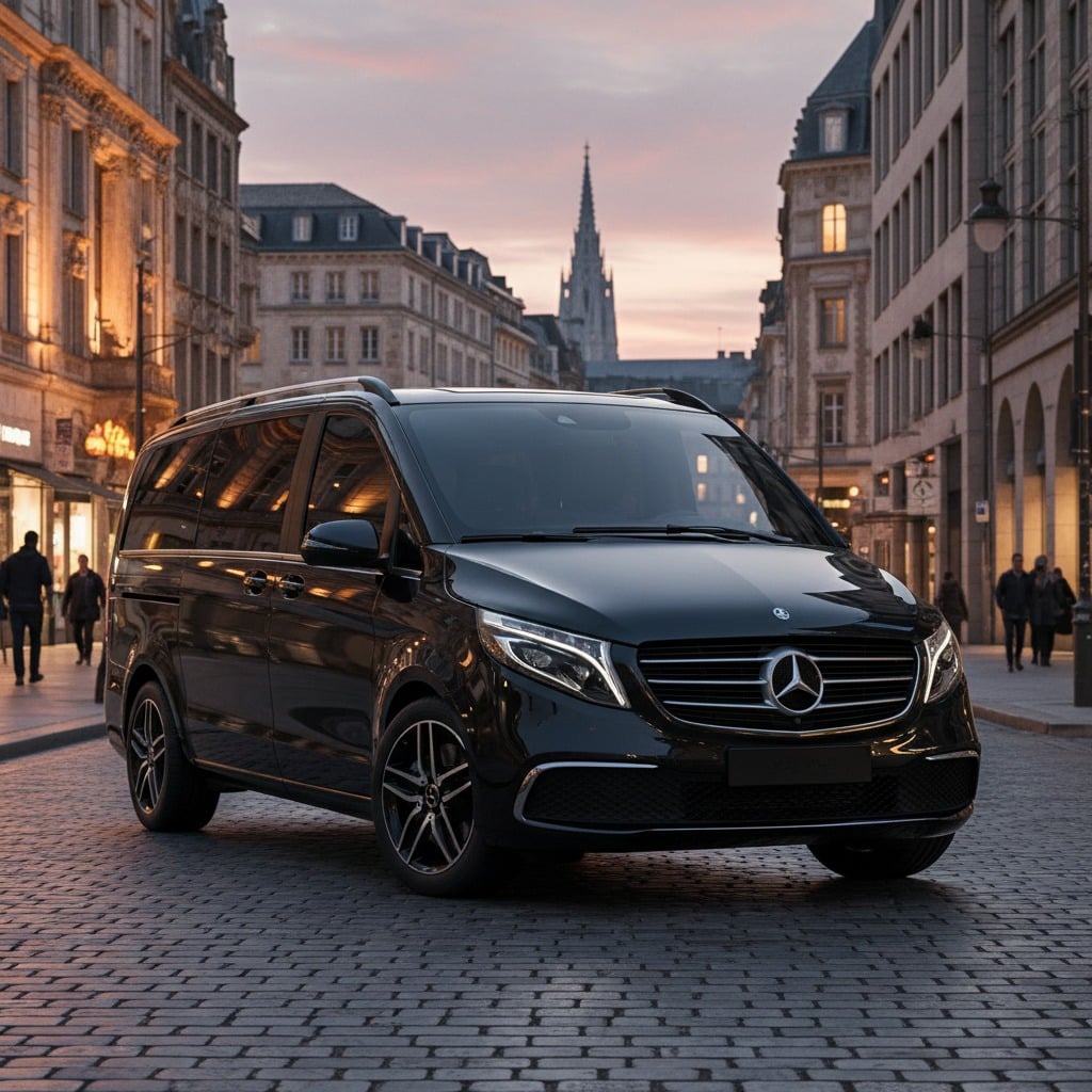 Un minivan nero Mercedes-Benz è parcheggiato su una strada acciottolata tra edifici cittadini al tramonto.