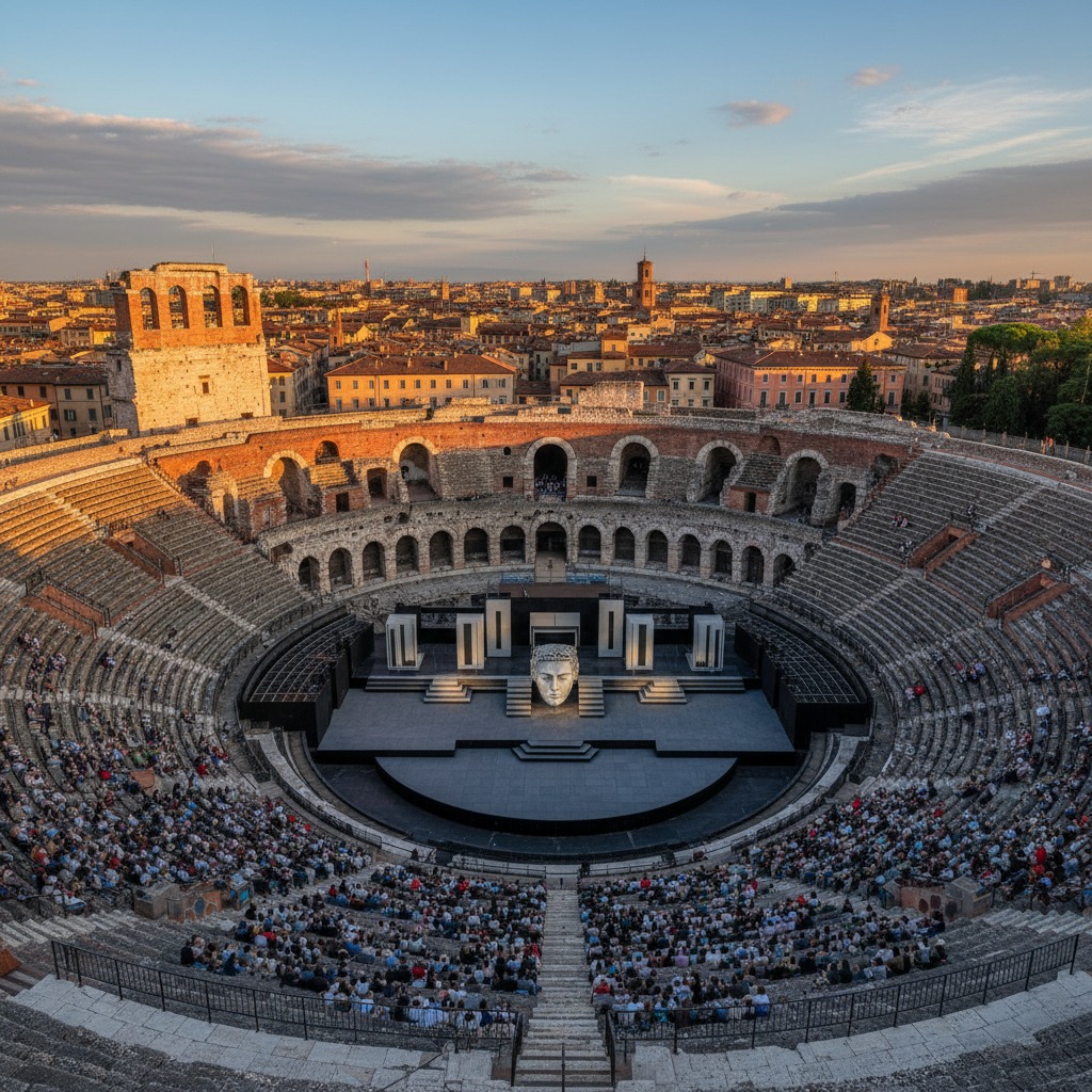 Vista dall'alto dell'Arena di Verona gremita di spettatori, con un palco centrale allestito e lo skyline della città sullo sfondo al tramonto.