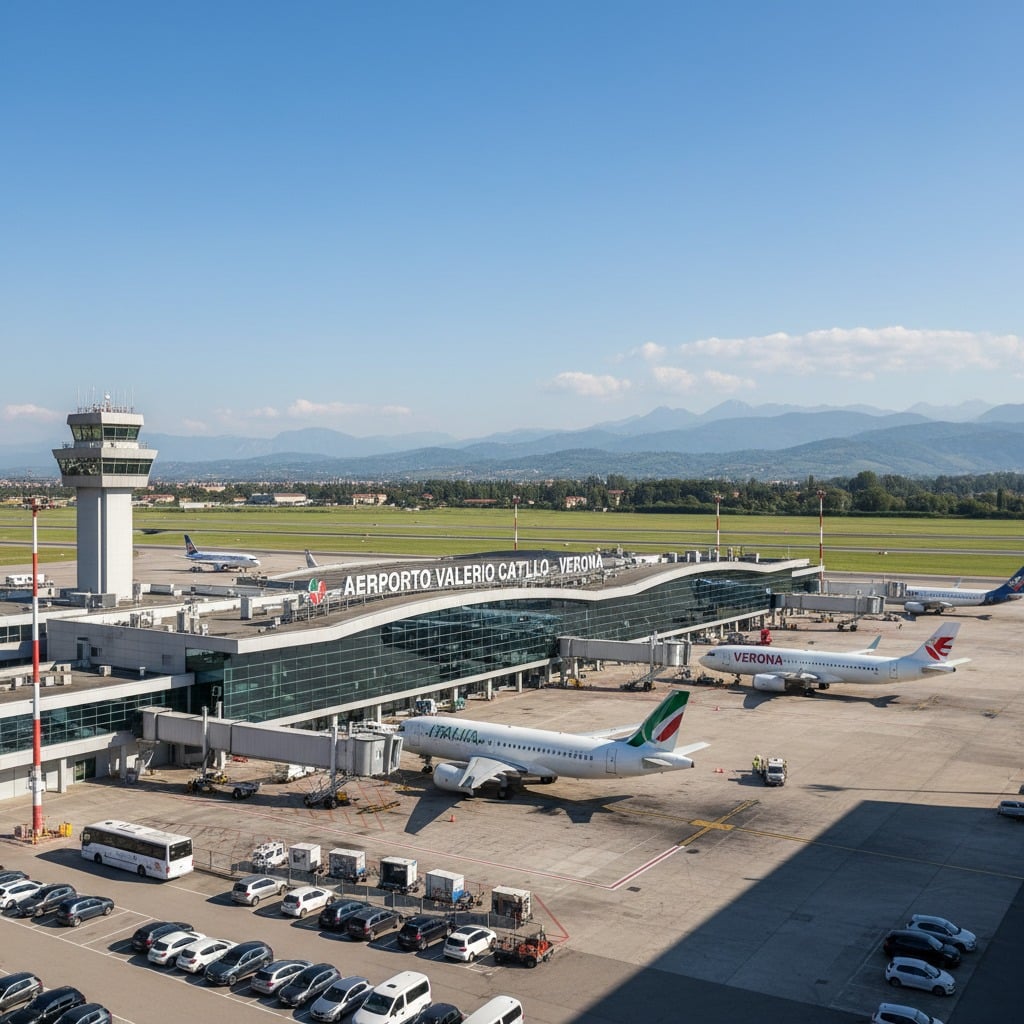 Panoramica dell'aeroporto Valerio Catullo di Verona con aerei parcheggiati e la torre di controllo sotto un cielo limpido.