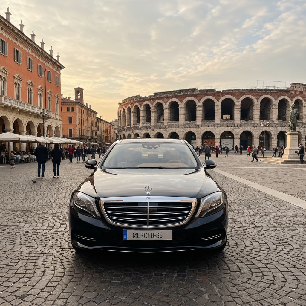 Un autista in abito scuro e guanti bianchi tiene aperta la portiera di una lussuosa berlina nera parcheggiata in una strada acciottolata di un borgo storico toscano.